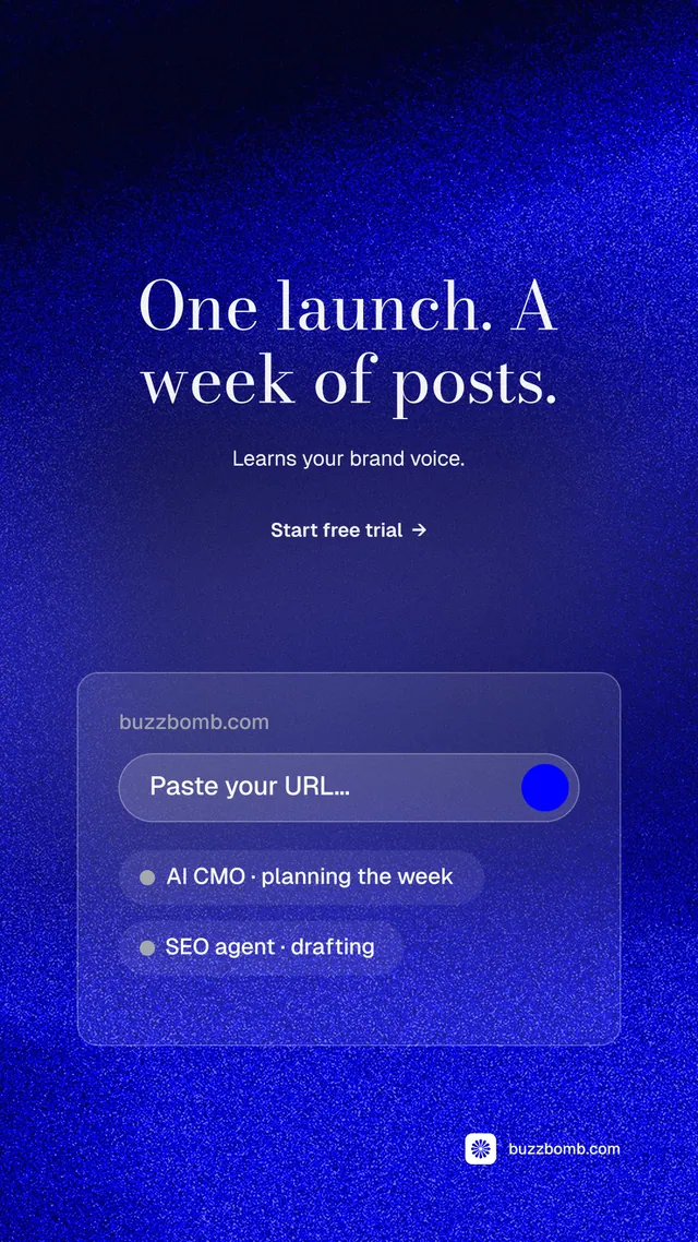 Instagram story for BuzzBomb: "One launch. A week of posts." Minimal luxury style, centred layout, dark palette in blue.