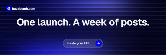 X header for BuzzBomb: "One launch. A week of posts." Agentic glass style, centred layout, dark palette in blue, black.