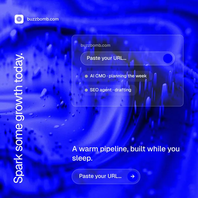 Instagram post for BuzzBomb: "Spark some growth today." Agentic glass style, vertical layout, dark palette in blue.