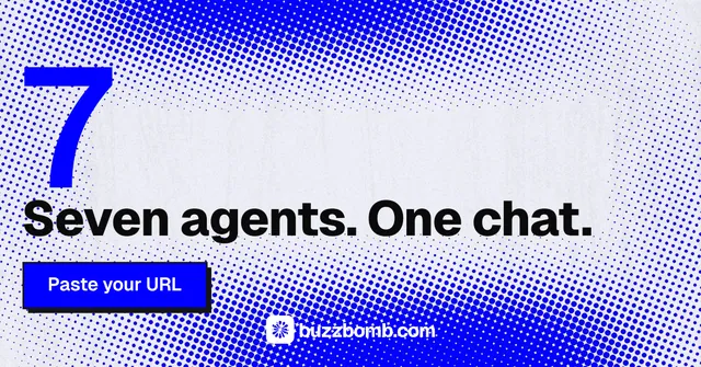 Social ad for BuzzBomb: "Paste your URL." Brutalist style, stat layout, light palette in blue, white.
