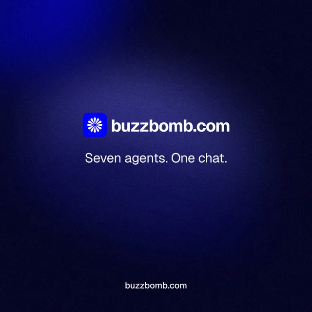 Instagram post for BuzzBomb: "Seven agents. One chat." Agentic glass style, end card layout, dark palette in black, blue.
