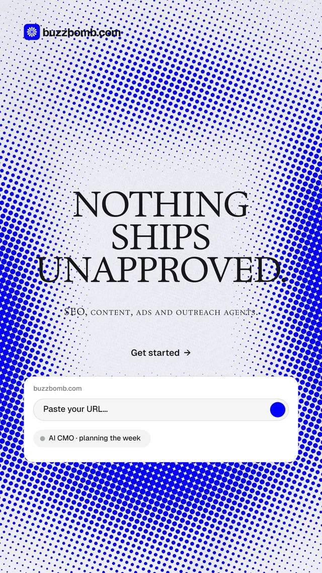 Instagram story for BuzzBomb: "Nothing ships unapproved." Swiss style, smallcaps layout, light palette in blue, white.