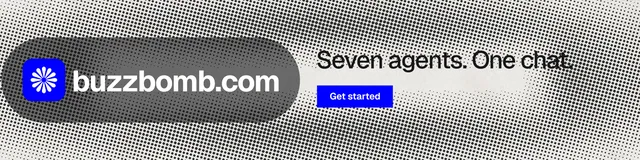 LinkedIn banner for BuzzBomb: "Seven agents. One chat." Swiss style, logo hero layout, light palette in grey, white.