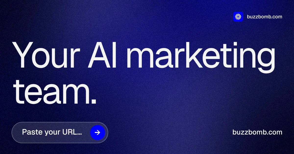 Social ad for BuzzBomb: "Your AI marketing team." Agentic glass style, poster layout, dark palette in blue, grey.