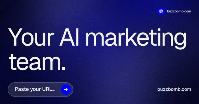 Social ad for BuzzBomb: "Your AI marketing team." Agentic glass style, poster layout, dark palette in blue, grey.
