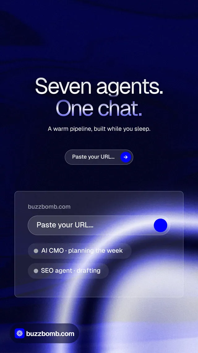 Instagram story for BuzzBomb: "Seven agents. One chat." Agentic glass style, centred layout, dark palette in black, blue.