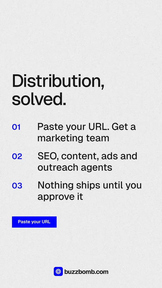 Instagram story for BuzzBomb: "Distribution, solved." Swiss style, numbered layout, light palette in white, grey.