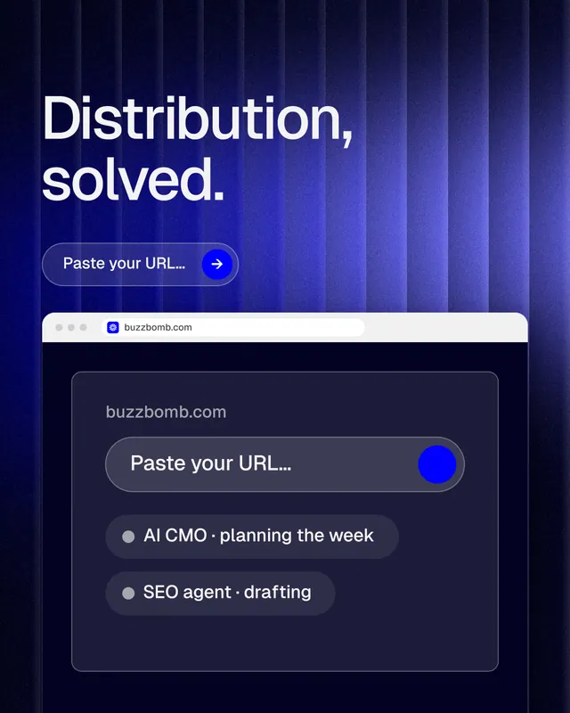 Instagram portrait post for BuzzBomb: "Distribution, solved." Agentic glass style, browser layout, dark palette in blue, black.