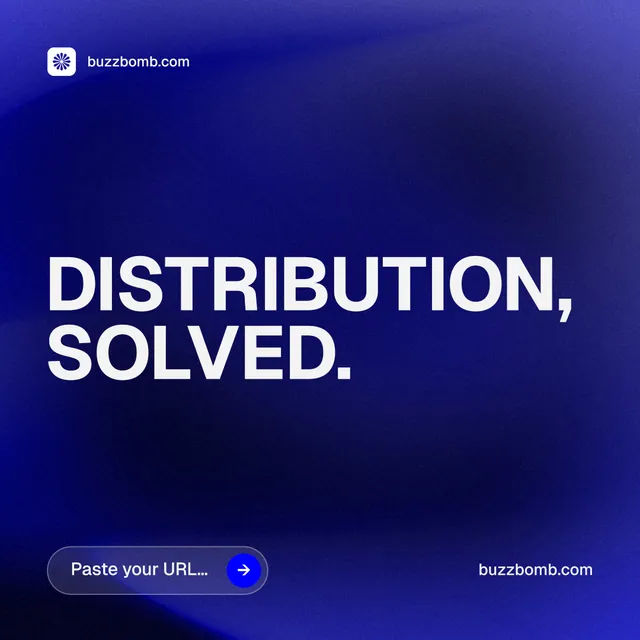 Instagram post for BuzzBomb: "Distribution, solved." Agentic glass style, poster layout, dark palette in blue.