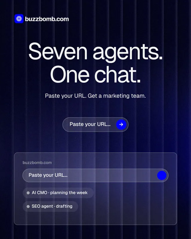 Instagram portrait post for BuzzBomb: "Seven agents. One chat." Agentic glass style, centred layout, dark palette in black, blue, grey.