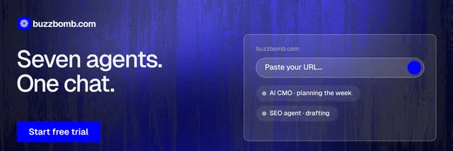 X header for BuzzBomb: "Seven agents. One chat." Swiss style, bottom layout, dark palette in blue.
