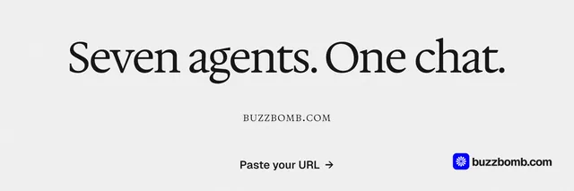 X header for BuzzBomb: "Seven agents. One chat." Swiss style, smallcaps layout, light palette in white, grey.