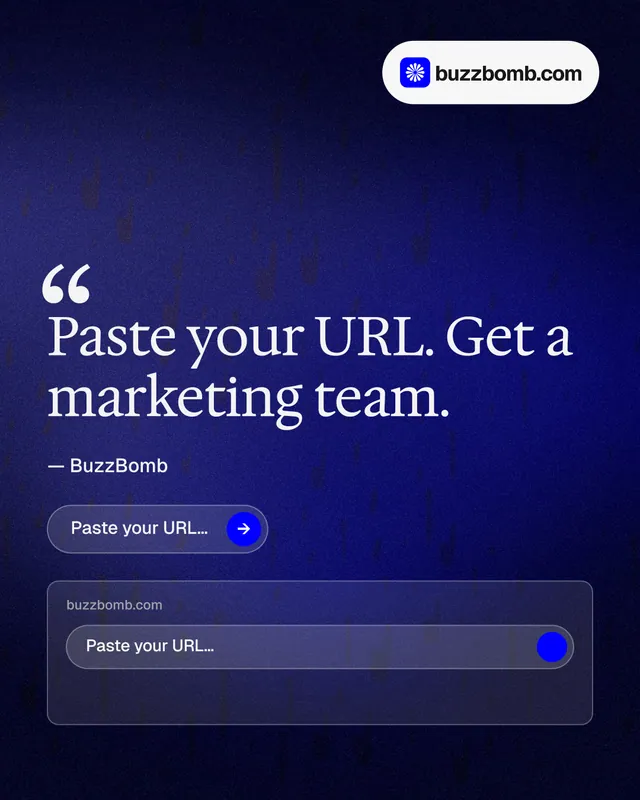 Instagram portrait post for BuzzBomb: "Your AI marketing team." Agentic glass style, quote layout, dark palette in black, blue, grey.