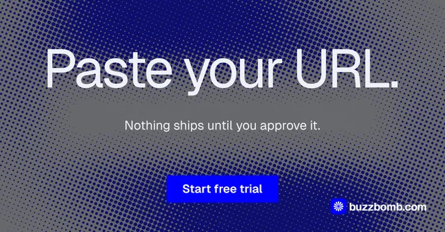 Social ad for BuzzBomb: "Paste your URL." Swiss style, centred layout, dark palette in grey, blue.