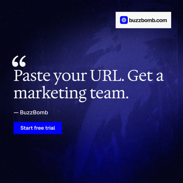 Instagram post for BuzzBomb: "One launch. A week of posts." Swiss style, quote layout, dark palette in blue, black.