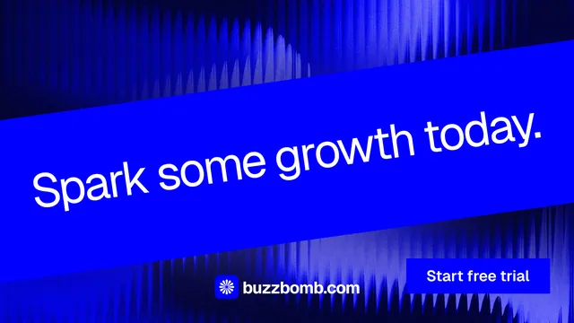 Landscape graphic for BuzzBomb: "Spark some growth today." Swiss style, diagonal layout, dark palette in blue.