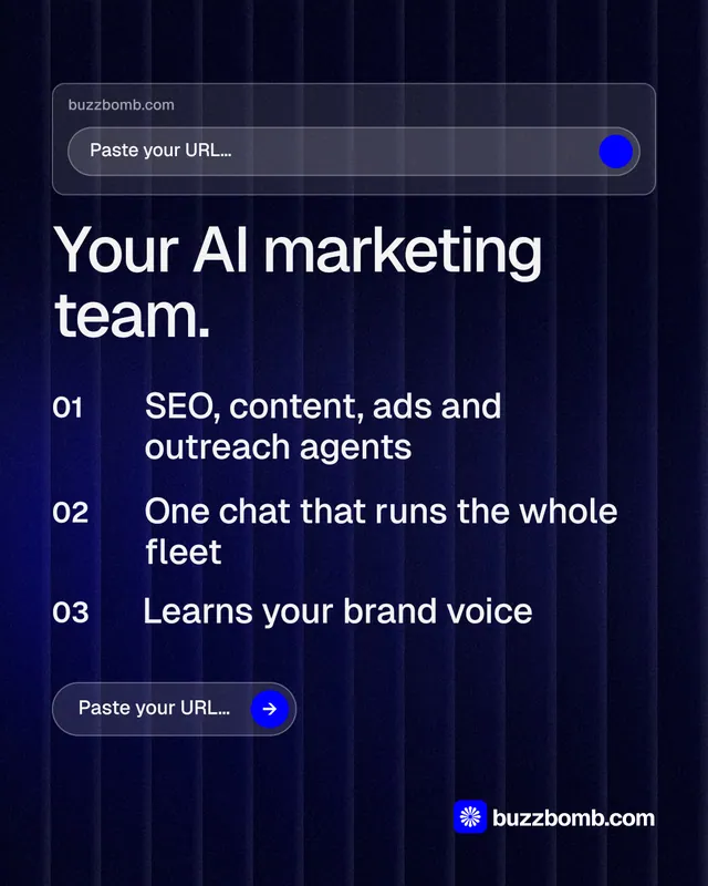 Instagram portrait post for BuzzBomb: "Your AI marketing team." Agentic glass style, numbered layout, dark palette in black, blue, grey.