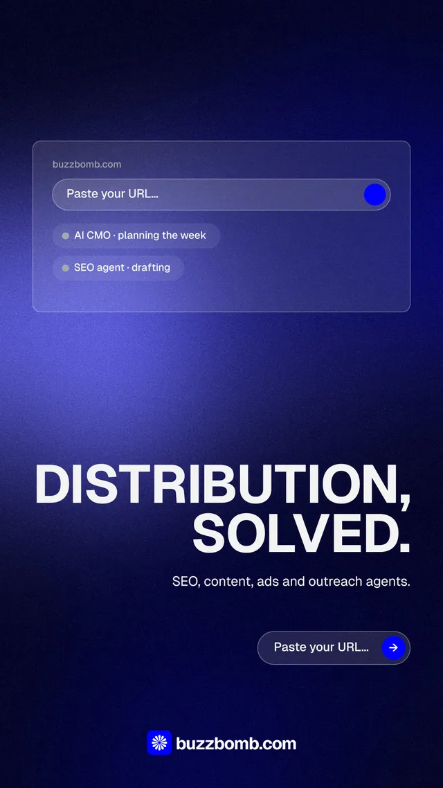 Instagram story for BuzzBomb: "Distribution, solved." Agentic glass style, right layout, dark palette in blue, black.