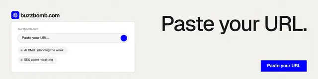 LinkedIn banner for BuzzBomb: "Paste your URL." Swiss style, right layout, light palette in white.
