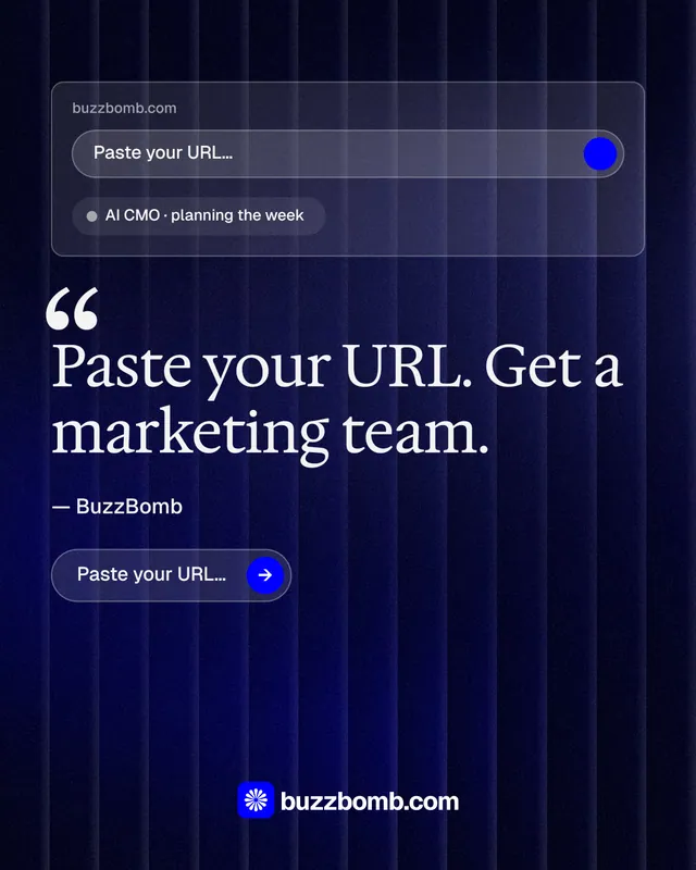 Instagram portrait post for BuzzBomb: "Get a marketing team." Agentic glass style, quote layout, dark palette in black, blue, grey.