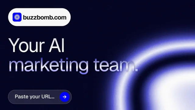 Landscape graphic for BuzzBomb: "Your AI marketing team." Agentic glass style, announce layout, dark palette in black, blue.