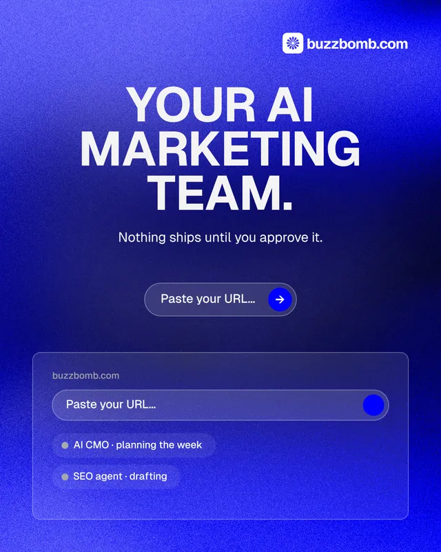 Instagram portrait post for BuzzBomb: "Your AI marketing team." Agentic glass style, centred layout, dark palette in blue.