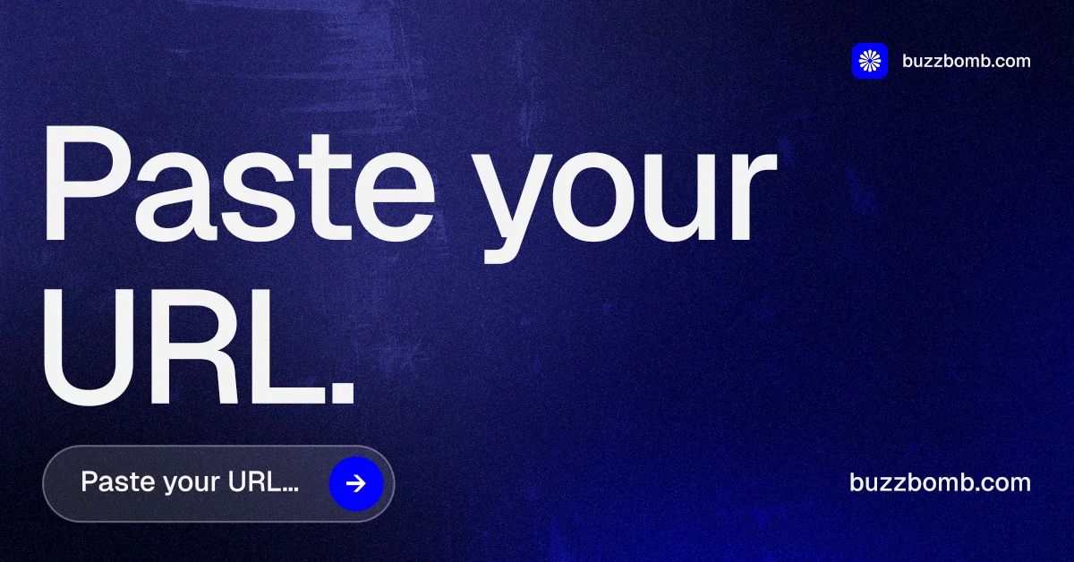 Social ad for BuzzBomb: "Paste your URL." Agentic glass style, poster layout, dark palette in black, blue, grey.