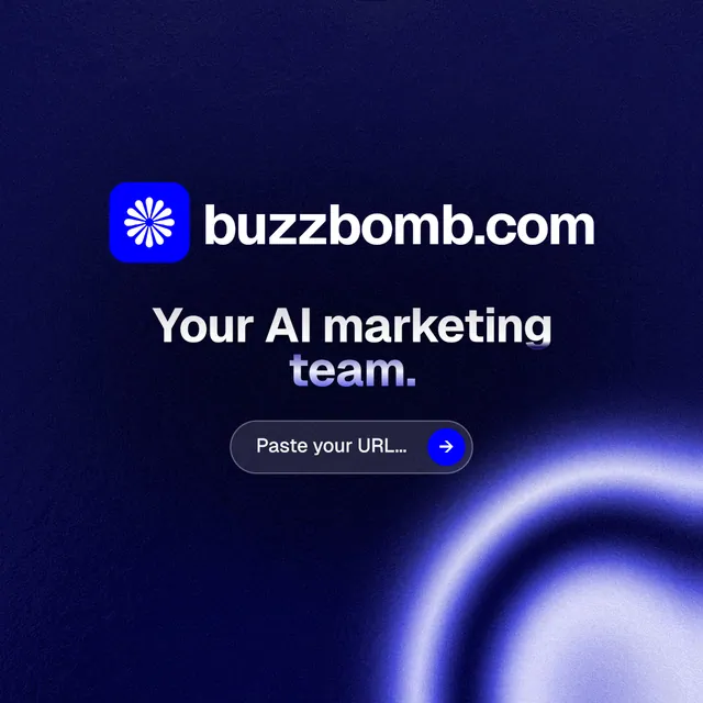 Instagram post for BuzzBomb: "Your AI marketing team." Agentic glass style, logo hero layout, dark palette in blue, black.