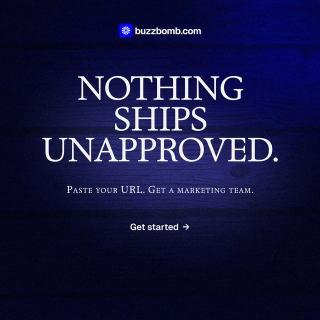 Instagram post for BuzzBomb: "Nothing ships unapproved." Swiss style, smallcaps layout, dark palette in black, blue.