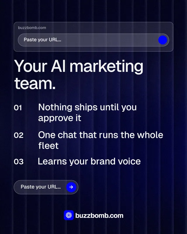 Instagram portrait post for BuzzBomb: "Your AI marketing team." Agentic glass style, numbered layout, dark palette in black, blue, grey.