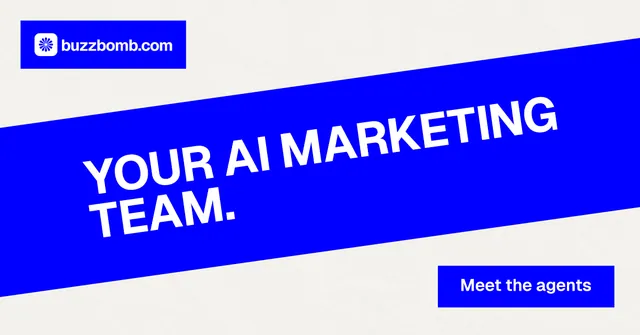 Social ad for BuzzBomb: "Your AI marketing team." Swiss style, diagonal layout, light palette in blue, white.