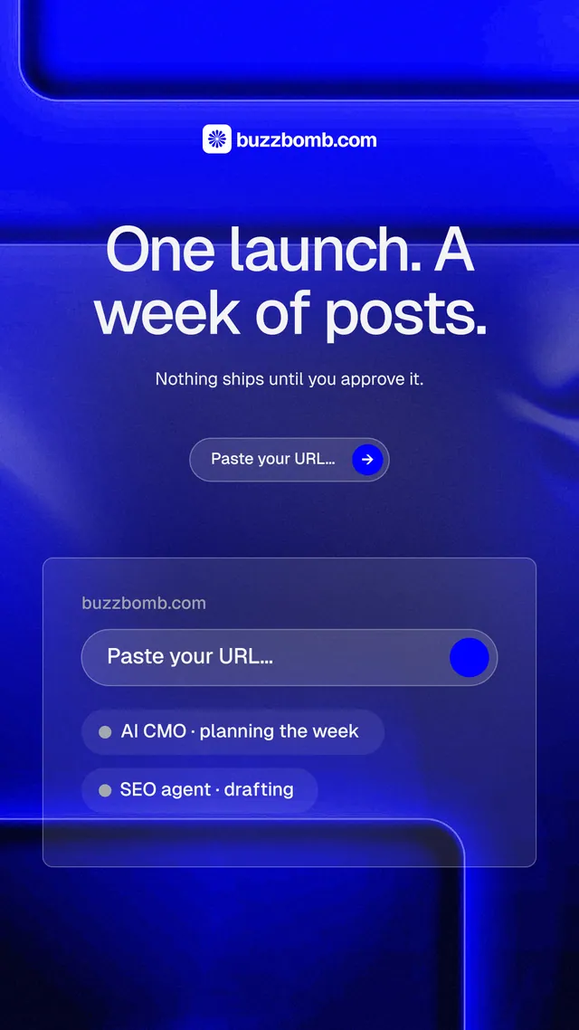 Instagram story for BuzzBomb: "One launch. A week of posts." Agentic glass style, centred layout, dark palette in blue.