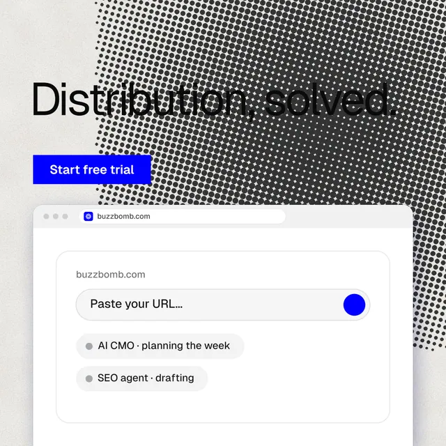 Instagram post for BuzzBomb: "Distribution, solved." Swiss style, browser layout, light palette in grey, white.