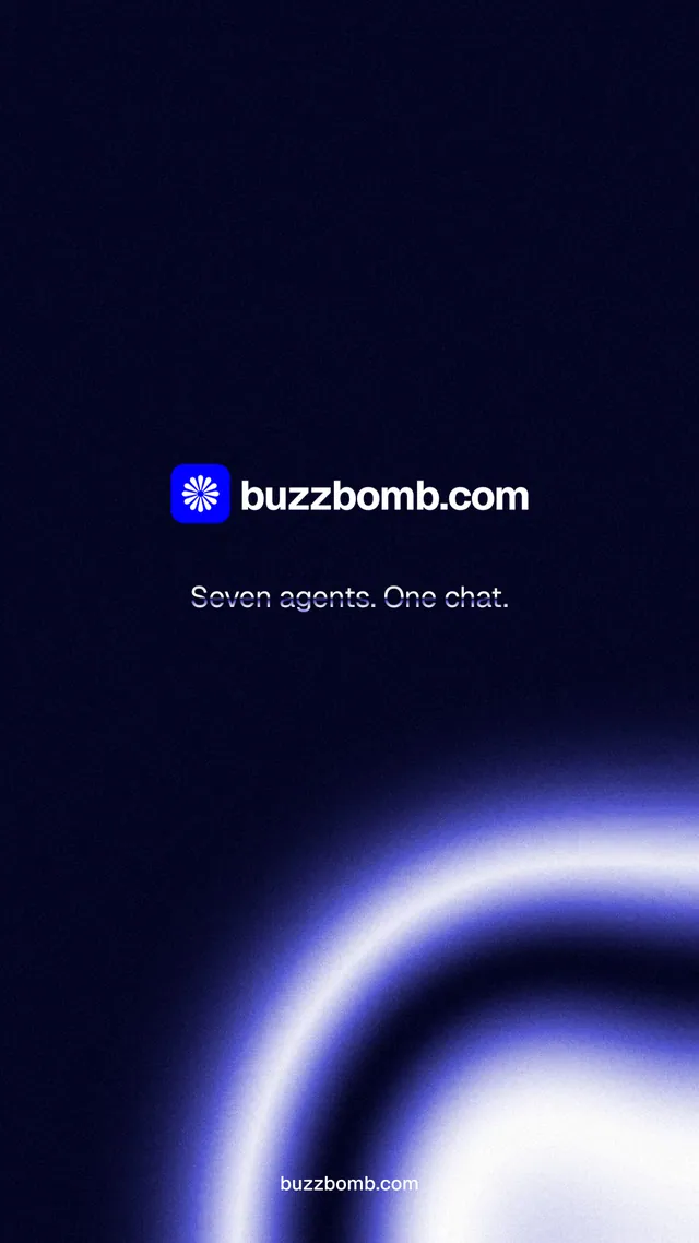 Instagram story for BuzzBomb: "Seven agents. One chat." Agentic glass style, end card layout, dark palette in black, blue.