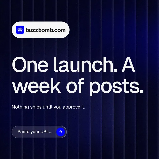 Instagram post for BuzzBomb: "One launch. A week of posts." Agentic glass style, announce layout, dark palette in black, blue, grey.