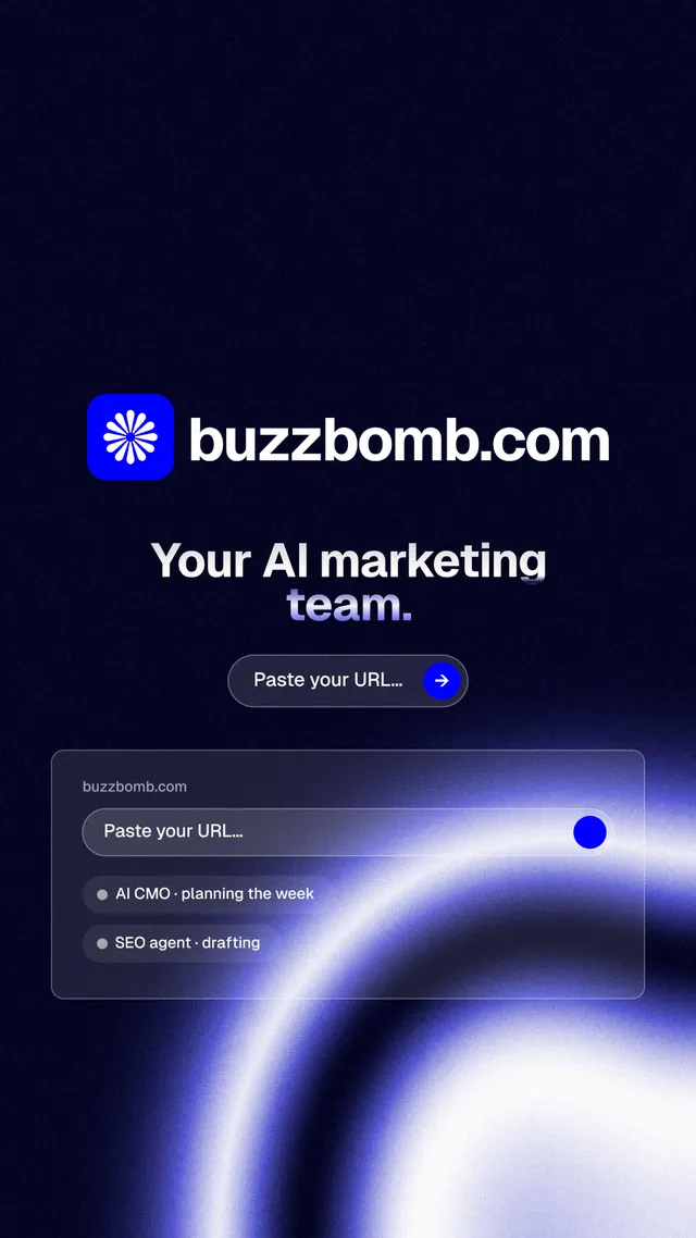 Instagram story for BuzzBomb: "Your AI marketing team." Agentic glass style, logo hero layout, dark palette in black, blue.