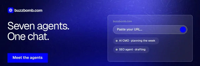 X header for BuzzBomb: "Seven agents. One chat." Swiss style, bottom layout, dark palette in blue.