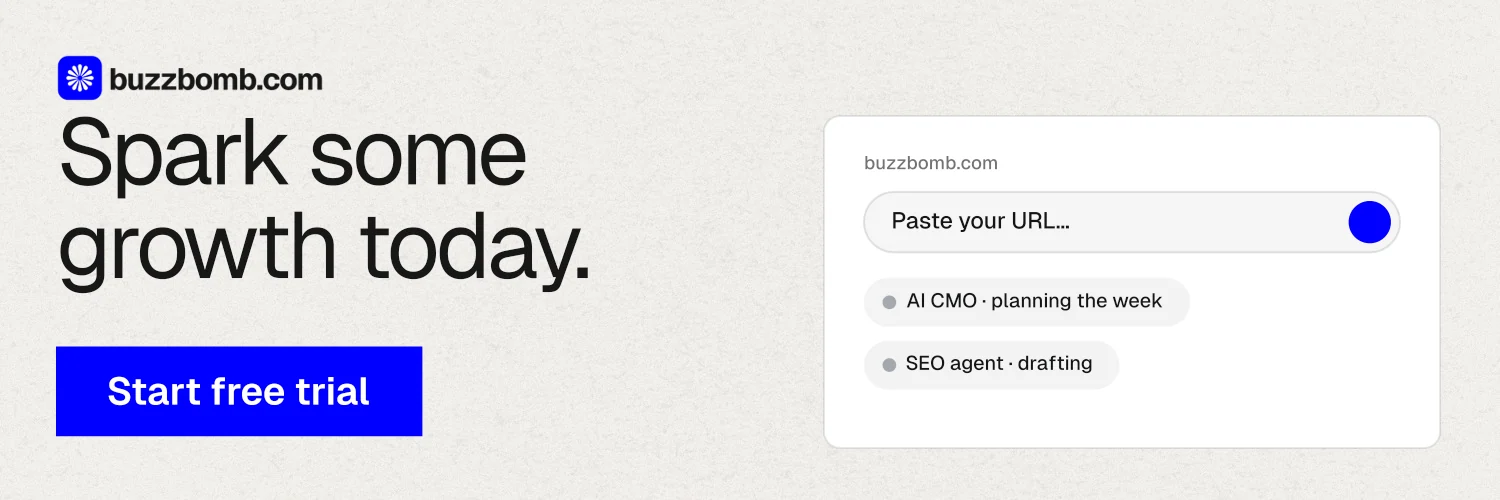 X header for BuzzBomb: "Spark some growth today." Swiss style, skeleton layout, light palette in white, blue.