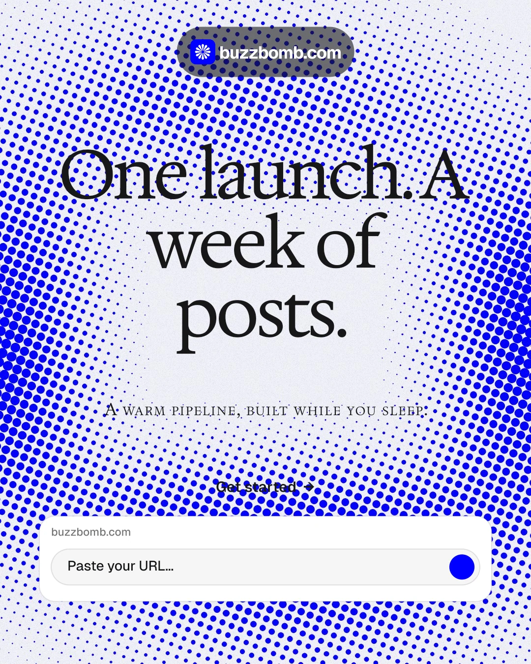 Instagram portrait post for BuzzBomb: "One launch. A week of posts." Swiss style, smallcaps layout, light palette in blue, white.
