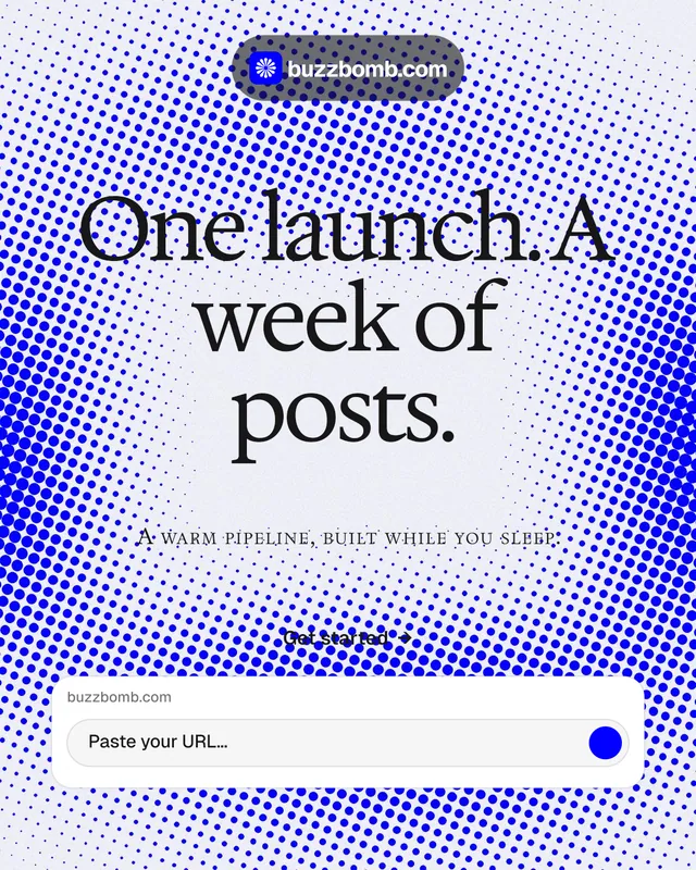 Instagram portrait post for BuzzBomb: "One launch. A week of posts." Swiss style, smallcaps layout, light palette in blue, white.