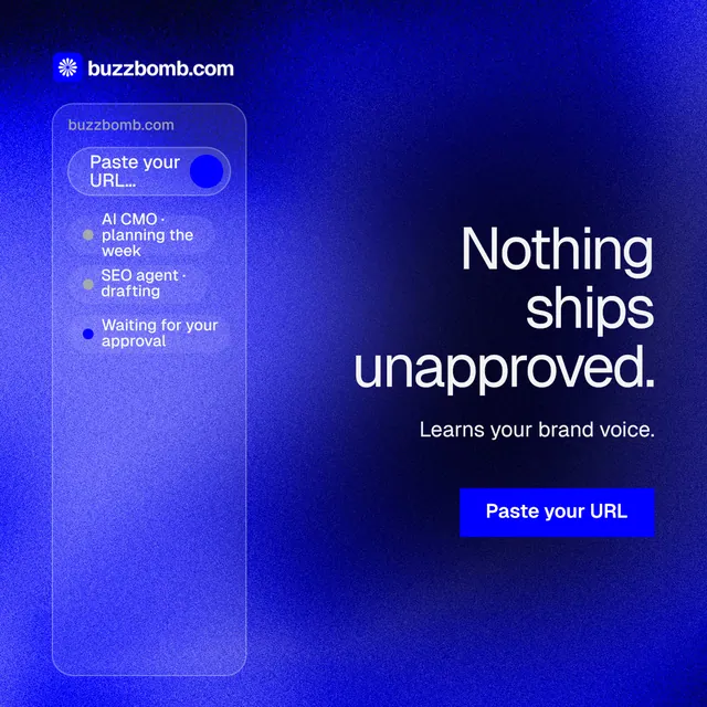 Instagram post for BuzzBomb: "Nothing ships unapproved." Swiss style, right layout, dark palette in blue.
