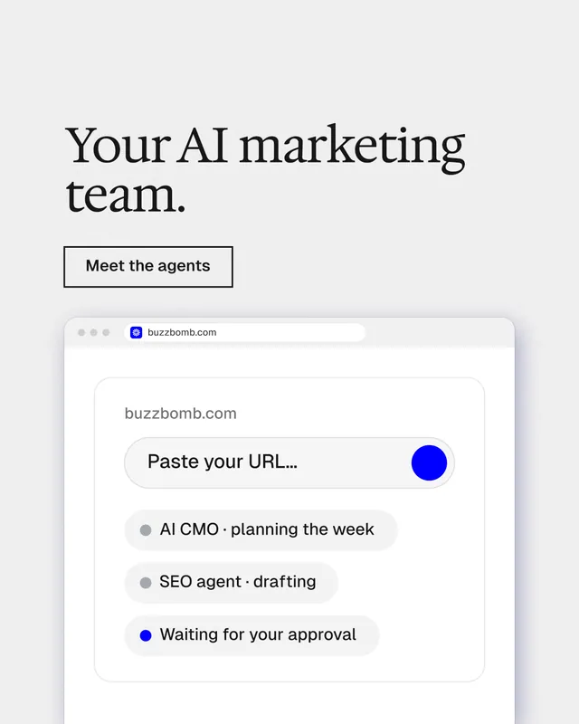 Instagram portrait post for BuzzBomb: "Your AI marketing team." Editorial style, browser layout, light palette in white.