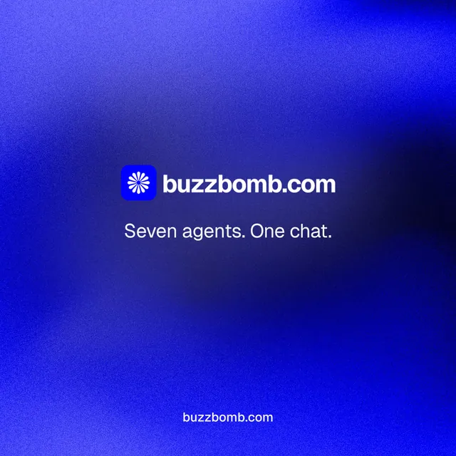 Instagram post for BuzzBomb: "Seven agents. One chat." Agentic glass style, end card layout, dark palette in blue.