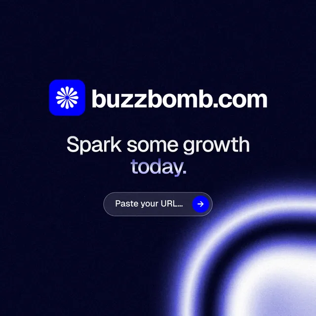 Instagram post for BuzzBomb: "Spark some growth today." Agentic glass style, logo hero layout, dark palette in black, blue.