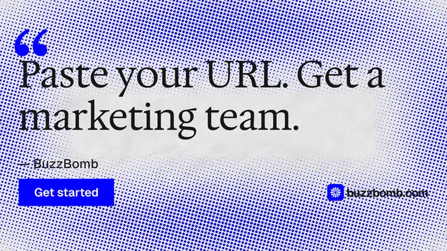 Landscape graphic for BuzzBomb: "Your AI marketing team." Swiss style, quote layout, light palette in blue, white.