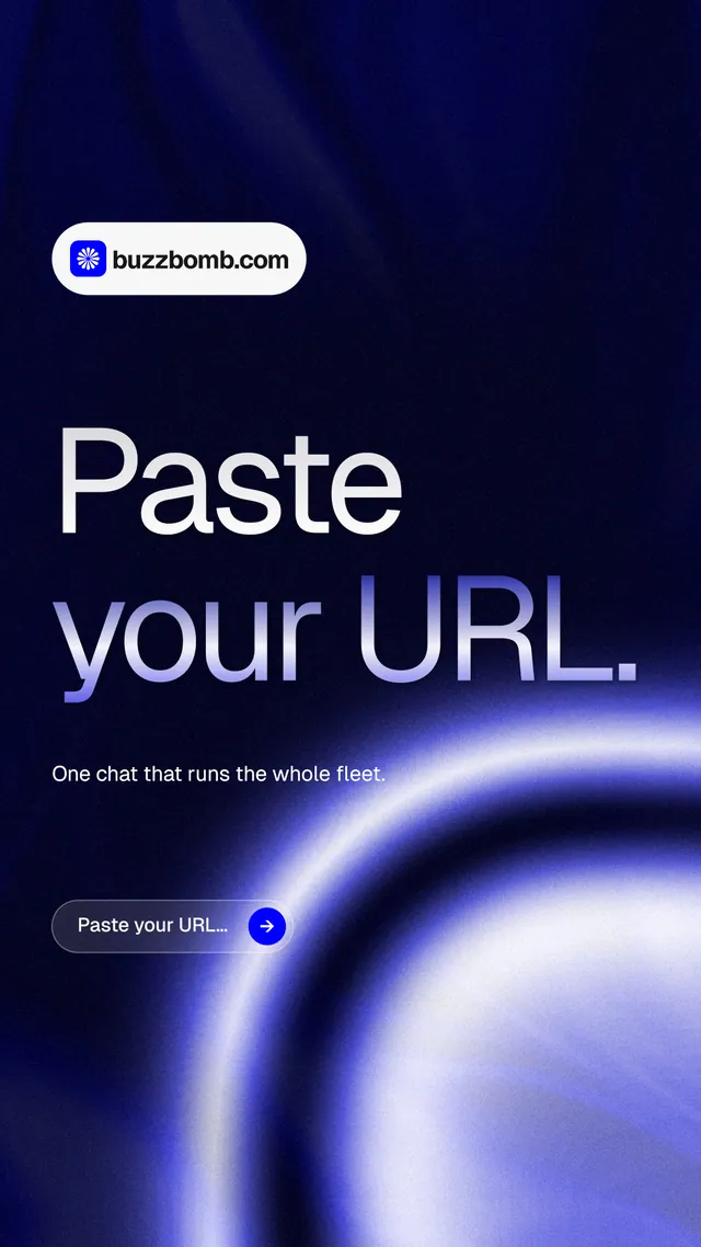 Instagram story for BuzzBomb: "Paste your URL." Agentic glass style, announce layout, dark palette in blue, black.