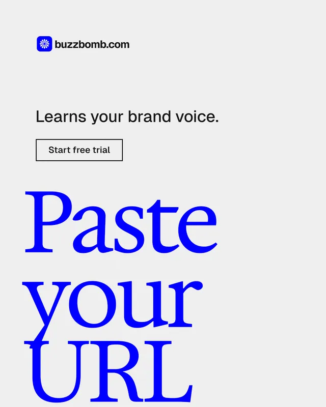 Instagram portrait post for BuzzBomb: "Spark some growth today." Editorial style, oversized layout, light palette in white, blue.