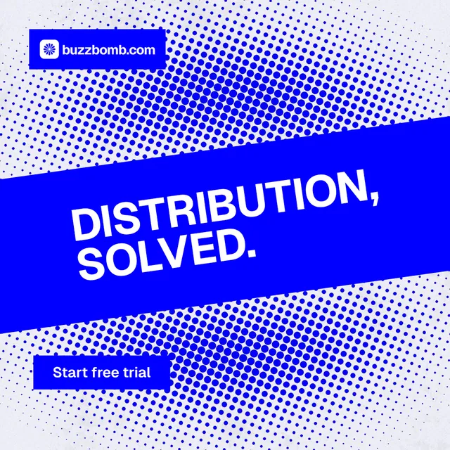 Instagram post for BuzzBomb: "Distribution, solved." Split block style, diagonal layout, light palette in blue, white.