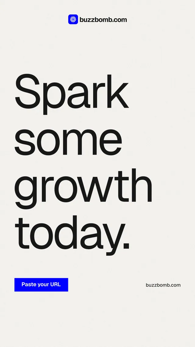 Instagram story for BuzzBomb: "Spark some growth today." Swiss style, poster layout, light palette in white, grey.
