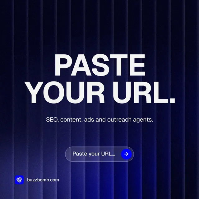 Instagram post for BuzzBomb: "Paste your URL." Agentic glass style, centred layout, dark palette in black, blue, grey.